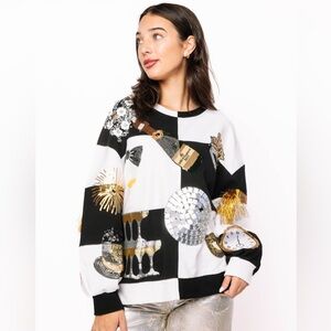 QUEEN OF SPARKLES Black & White Checkered NYE Icon Sweatshirt NWT Sold Out RARE